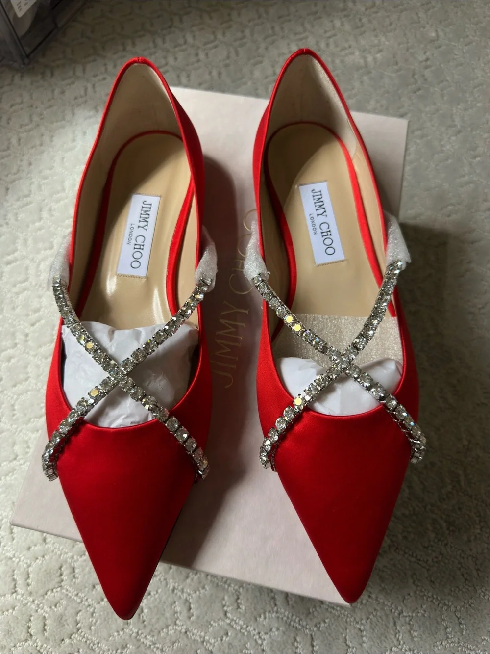 Jimmy Choo Red Satin Pointed Flats with Crystal Cross Straps. Size 40 - Picture 3 of 6